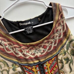 Desigual Womens Boho Embroidered Beaded Sleeveless Dress Gold‎ Metallic Print XS